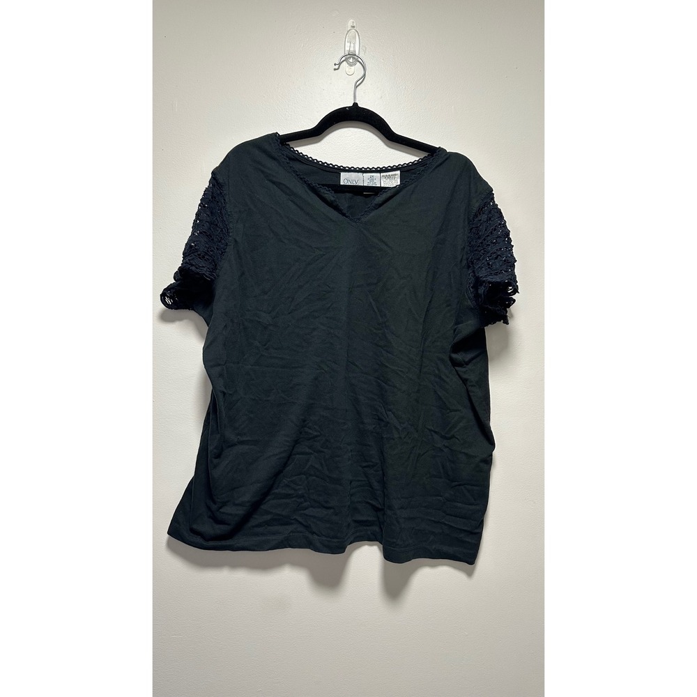 Only Necessities Womens 2X Black Cotton Crochet Lace Sleeve V-Neck Top T-Shirt